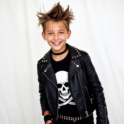 Boy in spiked leather jacket smiling