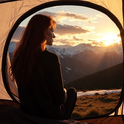 Redhead woman in tent viewing sunset mountains
