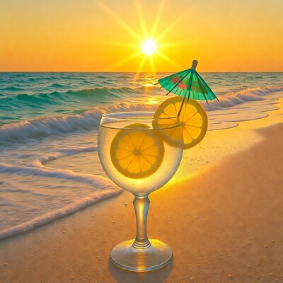 Cocktail with umbrella on beach sunset