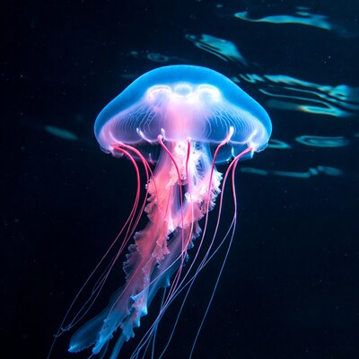 Glowing Pink Blue Jellyfish Underwater