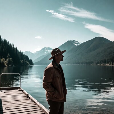 Man in hat on dock with lake mountains