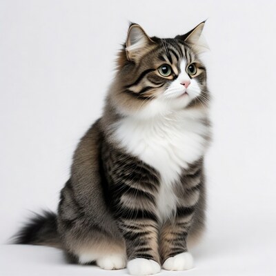 Fluffy tabby kitten sitting on white background