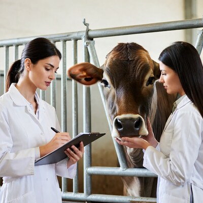 Two women with cow in barn