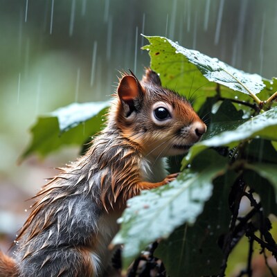 Wet red squirrel in rain
