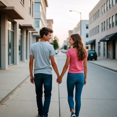 Teen couple holding hands walking street