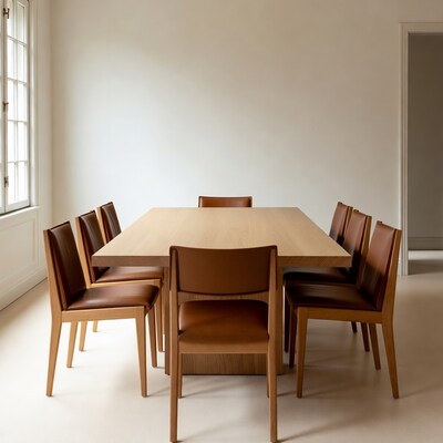 Oak dining table with leather chairs