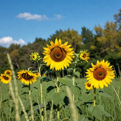 Sunflowers in field under blue sky