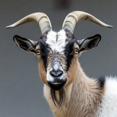 Closeup of goat with large horns