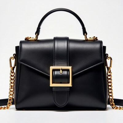 Black leather handbag with gold hardware