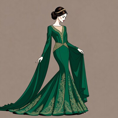 Elegant woman in green medieval gown