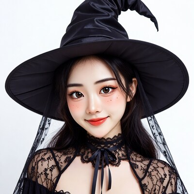 Asian woman in black witch hat