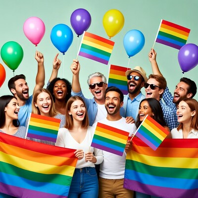 Diverse group holding pride flags balloons