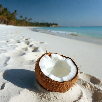 Open coconut on tropical beach