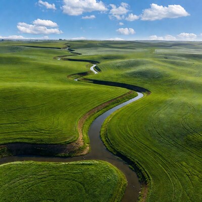 Winding River Through Green Rolling Hills