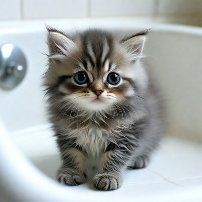 Wet tabby kitten in bathtub