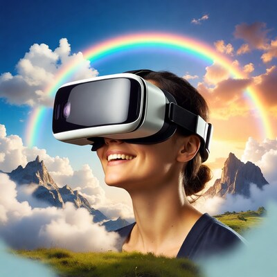 Woman wearing VR headset with rainbow