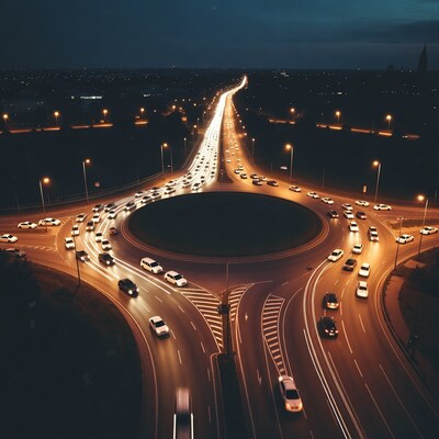 Busy Night Roundabout Traffic Aerial View