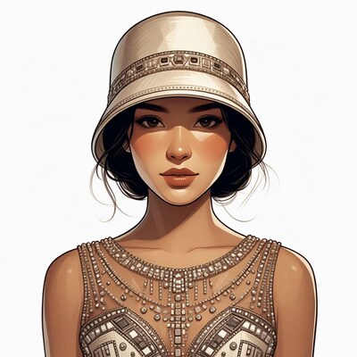 Asian woman in beaded dress and cloche hat