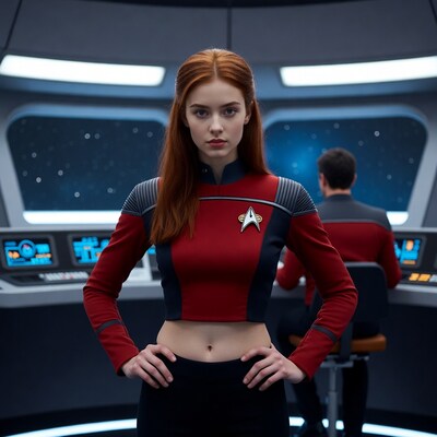 Redhead woman in Star Trek uniform