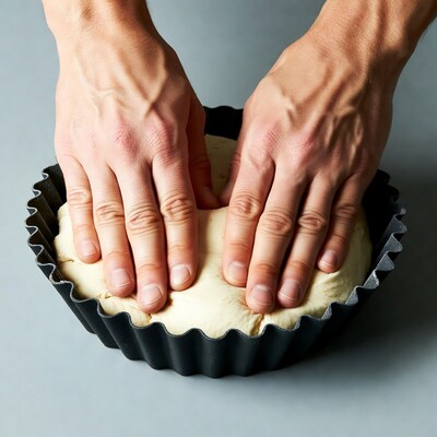 Man's hands pressing dough in tart pan