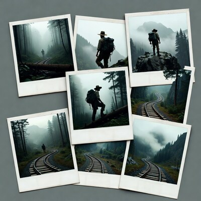 Hiker on foggy forest train tracks