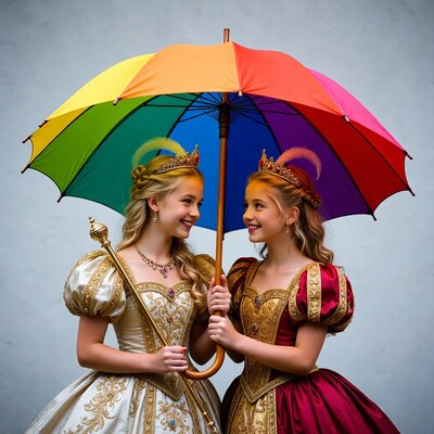 Twin girls in gowns holding rainbow umbrella