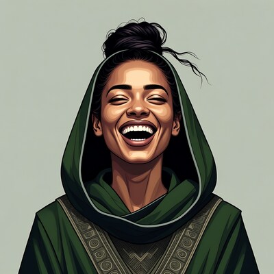 Laughing Woman in Green Hooded Robe