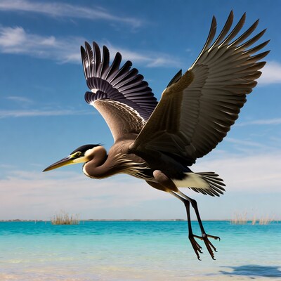Great Blue Heron Flying over Lagoon