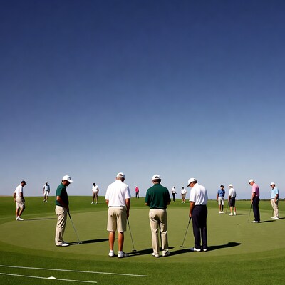 Men putting on golf green