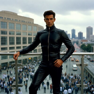 Man in black leather suit on balcony