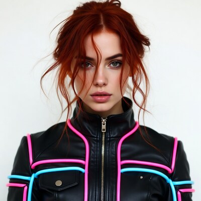 Redhead woman in neon-trimmed leather jacket