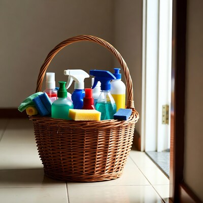 Cleaning Supplies in Wicker Basket