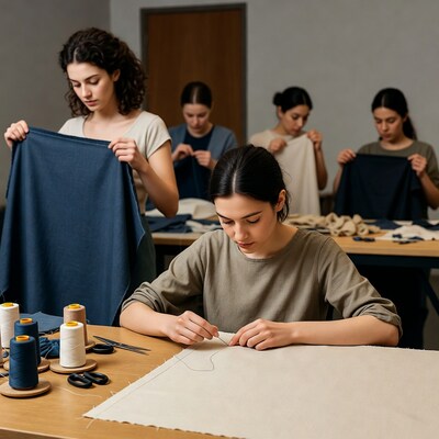 Women sewing fabric in workshop