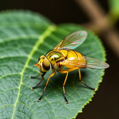 Yellow Hoverfly on Green Leaf