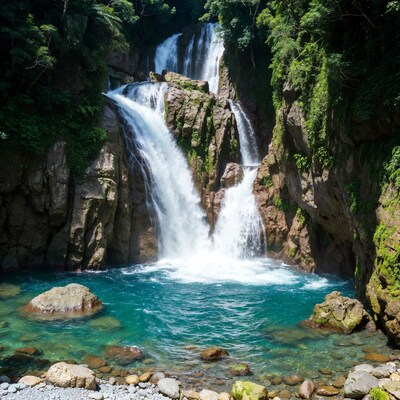 Majestic multi-tiered waterfall in lush forest