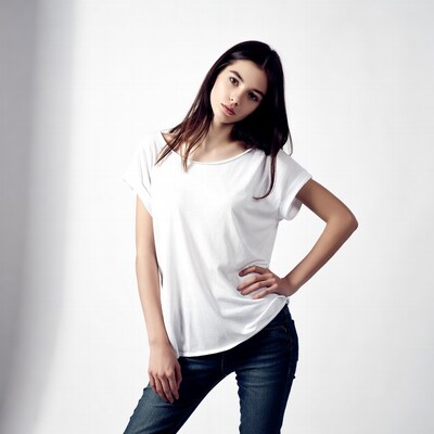Young woman in white t-shirt and jeans