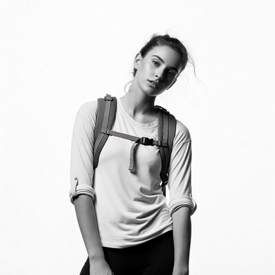 Woman with backpack turning head