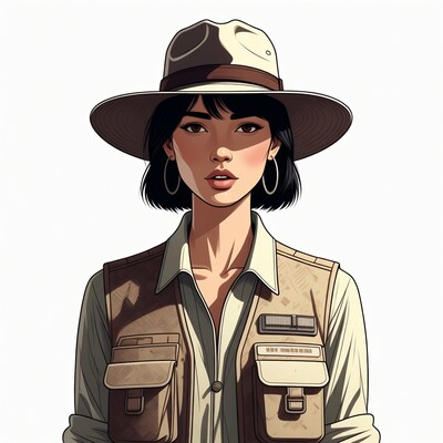 Asian woman in safari hat and vest