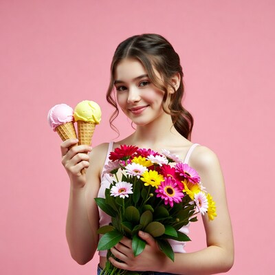 Girl holding ice cream cones and flowers
