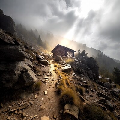 Log Cabin on Rocky Mountain Path