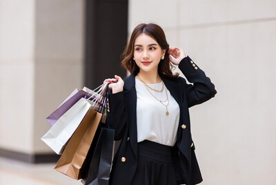 Asian woman holding shopping bags