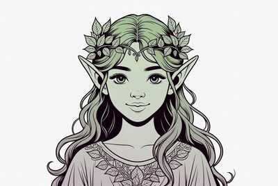 Green-haired elf girl with leaf crown