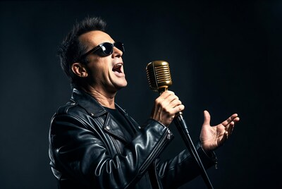 Man singing into vintage microphone