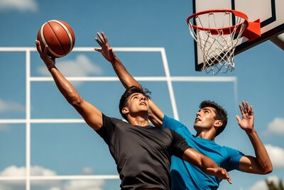 Two men dunking basketball at hoop