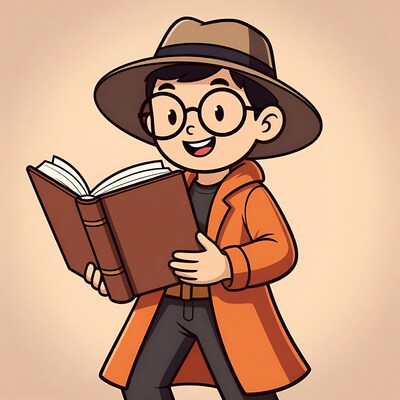 Cartoon Asian boy reading book in trenchcoat