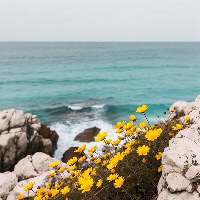 Yellow flowers on rocks by ocean