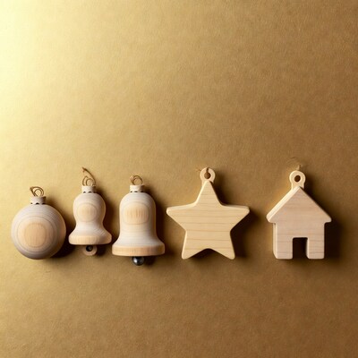 Wooden Christmas Ornaments on Gold Background