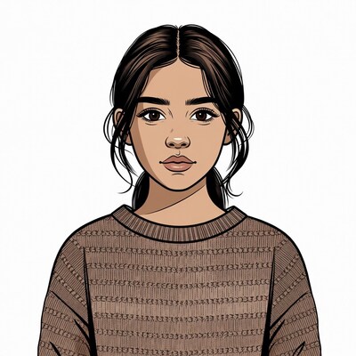 Illustrated Asian woman in brown sweater
