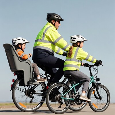 Father biking with children in hi-vis vests