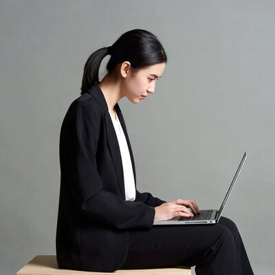 Asian woman typing on laptop